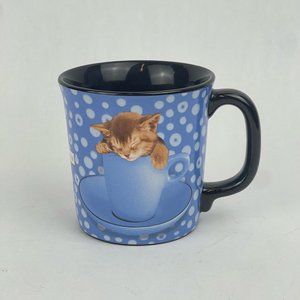 Keith Kimberlin Kitten Sleeping in Cup Coffee Tea Mug Blue Polka Dot